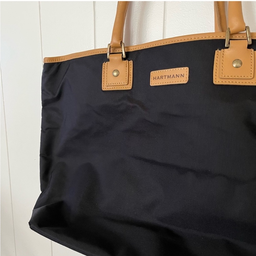 Hartmann XL Large Canvas Leather Tote Bag Purse Travel Black Tan 18” x 12” x 6” - Picture 2 of 12